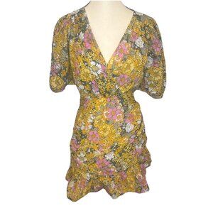 Anthropologie Rahi Petra Floral Puff Sleeve Ruffle Hem Lined Mini Dress Sz S